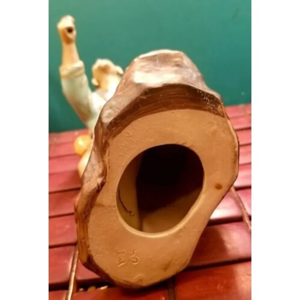 Vintage Chinese Mudman Fisherman Clay Figurine Sitting On Rock No Pole Excellent